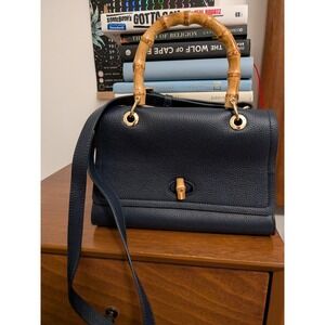 Navy Blue Leather Top Handle Bag Bamboo‎ Closure Strap Gold Hardware